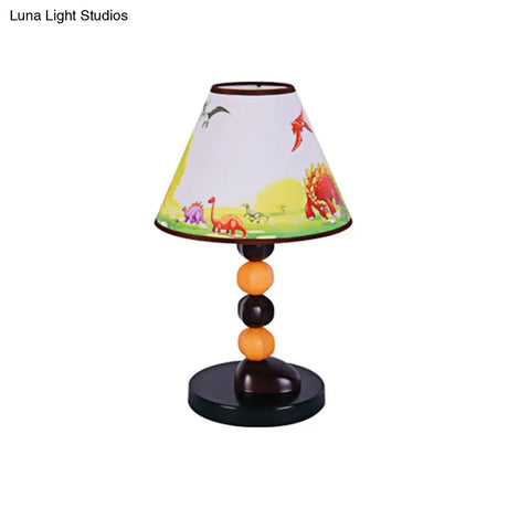 Stylish White Conic Shade Table Lamp With Cartoon Rudder/Dinosaur Pattern - 1 Light Fabric And Metal