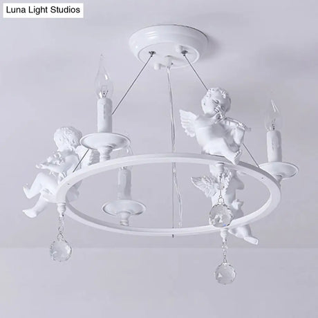 Stylish White Metal Ring & Candle Chandelier With Angel Villa Hanging Light