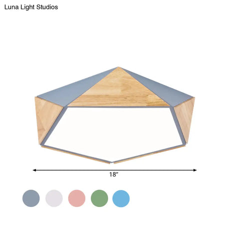 Stylish Wood Led Flush Light For Kids Bedroom - Pentagon Ceiling Mount Macaron Design