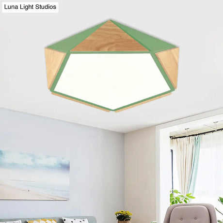 Stylish Wood Led Flush Light For Kids Bedroom - Pentagon Ceiling Mount Macaron Design