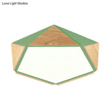 Stylish Wood Led Flush Light For Kids Bedroom - Pentagon Ceiling Mount Macaron Design