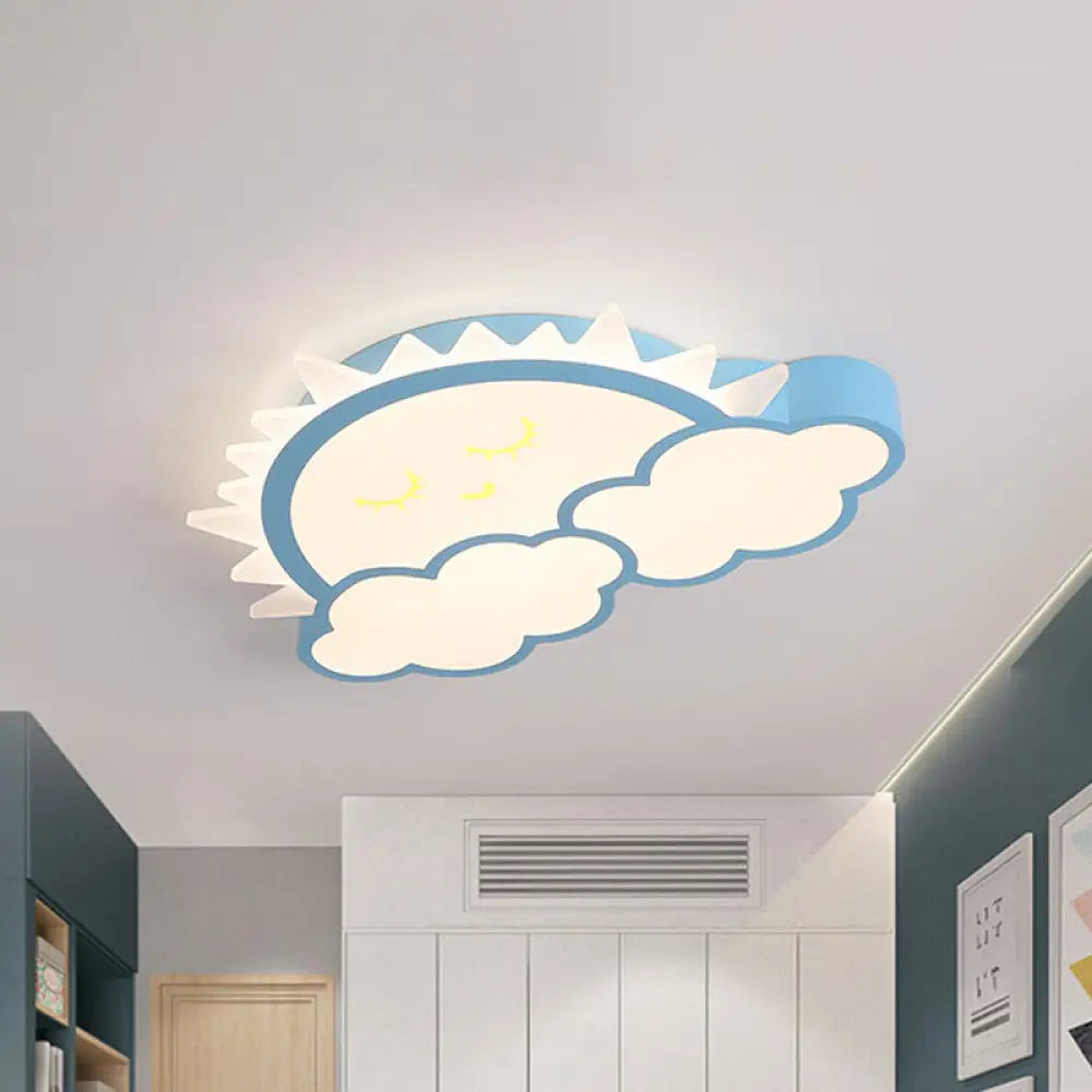 Sun & Cloud Led Ceiling Flush Light Fixture For Kids Room In Yellow/Blue/Pink Blue