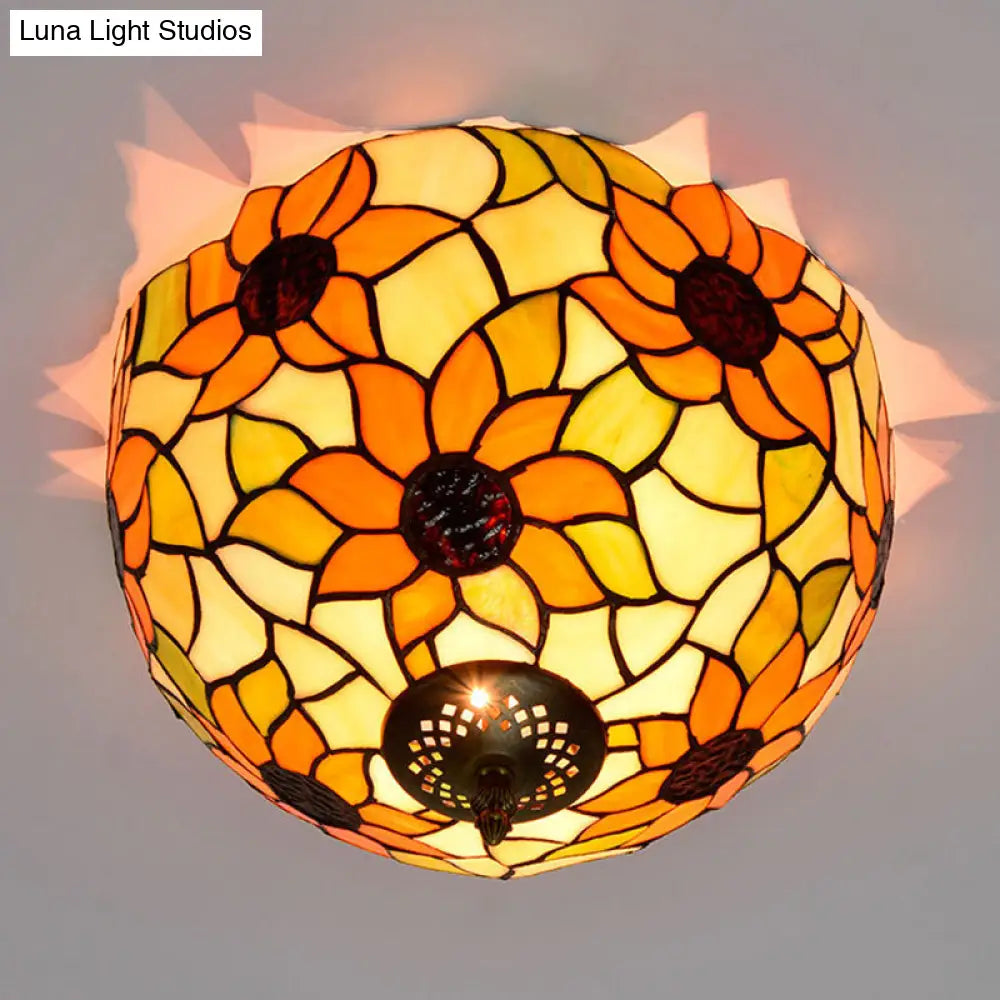 Sunflower Stained Glass Ceiling Fixture - Tiffany 2/3 Lights Yellow & Green Flushmount Lamp
