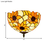 Sunflower Stained Glass Ceiling Fixture - Tiffany 2/3 Lights Yellow & Green Flushmount Lamp