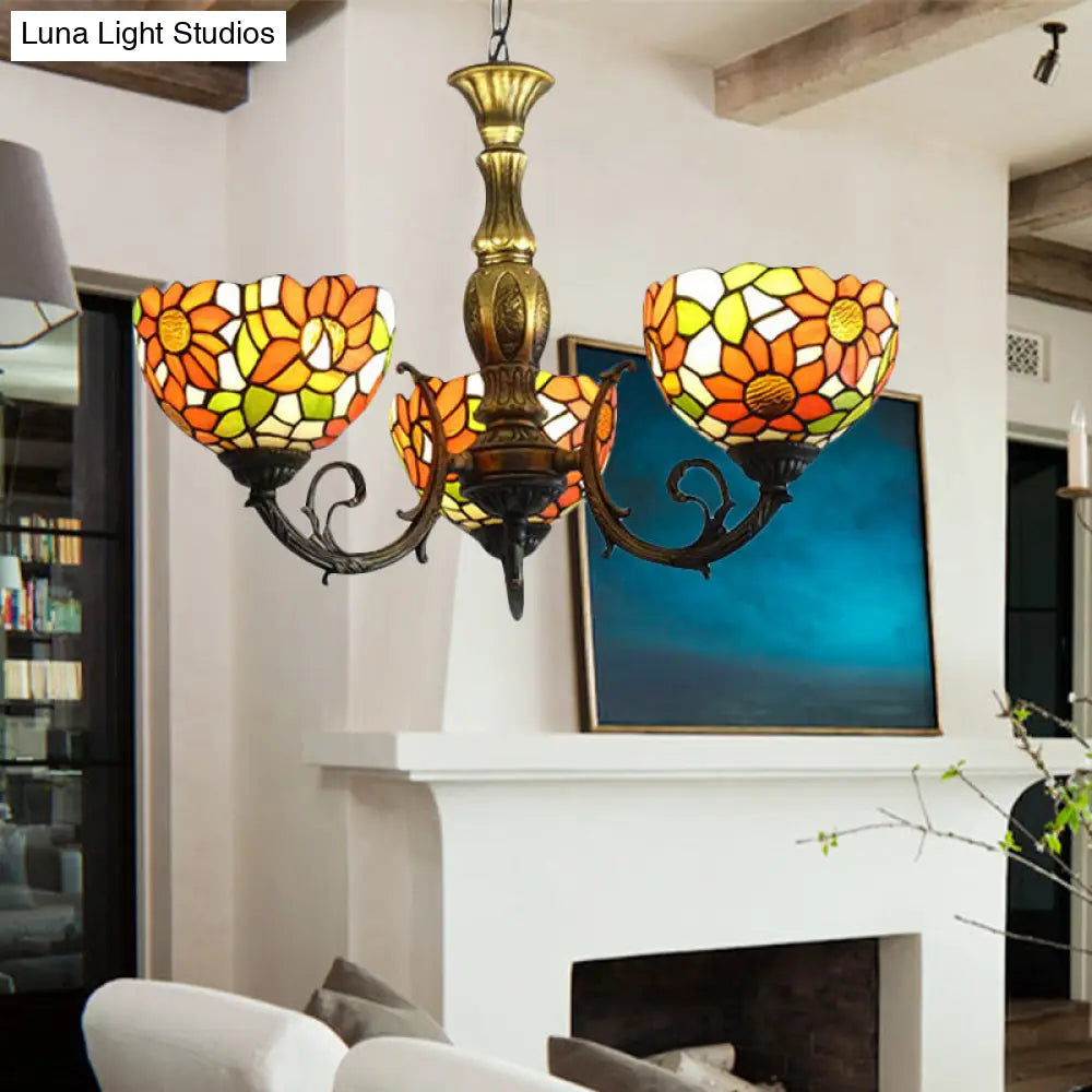 Sunflower Stained Glass Rustic Tiffany Chandelier - 3/5/6 Light Kitchen Hanging With Inverted