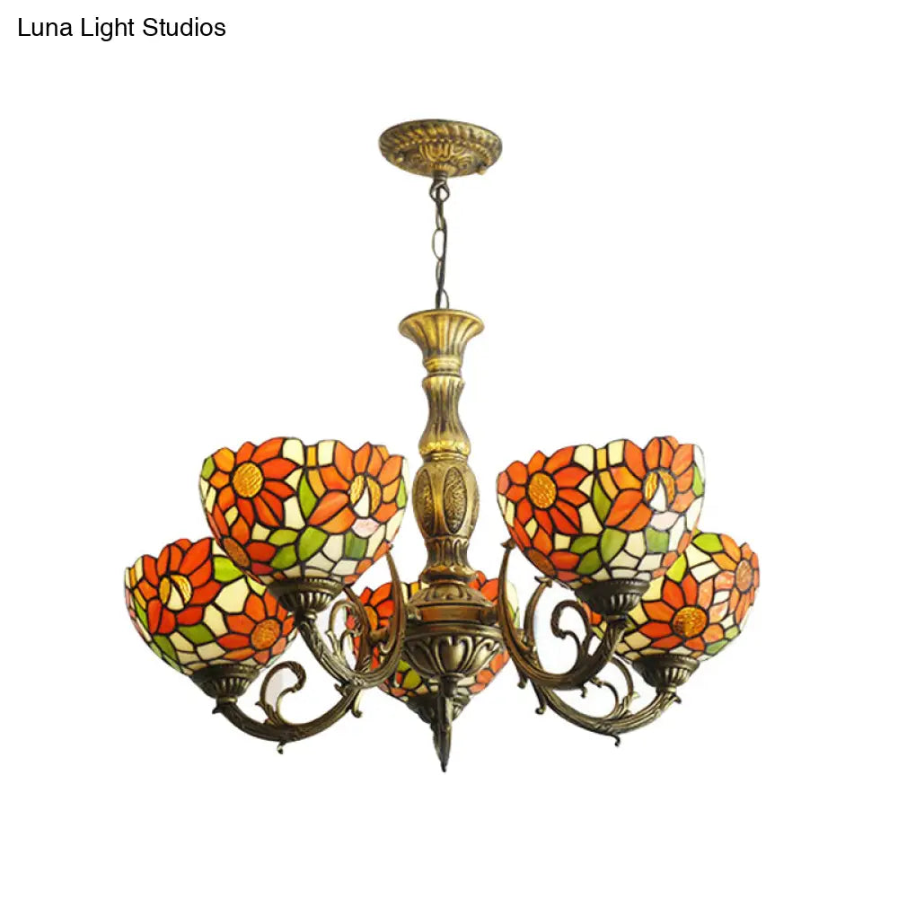 Sunflower Stained Glass Rustic Tiffany Chandelier - 3/5/6 Light Kitchen Hanging With Inverted