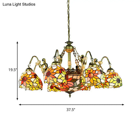 Sunflower Tiffany Cut Glass Pendant Chandelier With 9/11 Tribute Lights In Orange For Bedroom