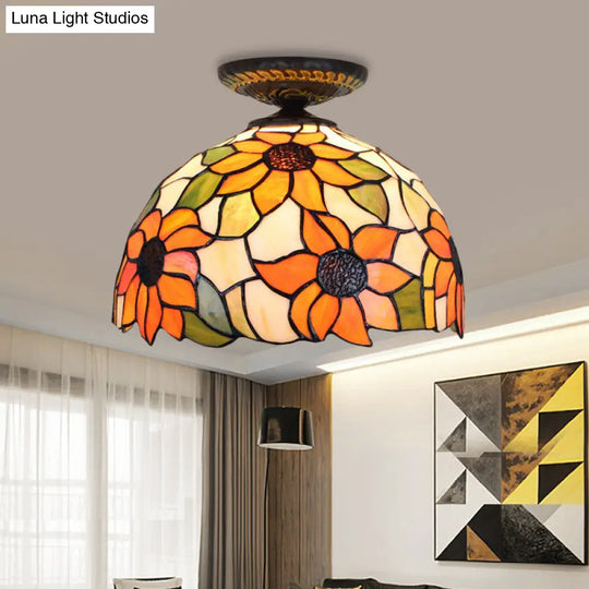 Sunflower Tiffany Stained Glass Ceiling Lamp - 1 Light Brass Flush Mount / 12’