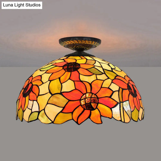 Sunflower Tiffany Stained Glass Ceiling Lamp - 1 Light Brass Flush Mount / 16’