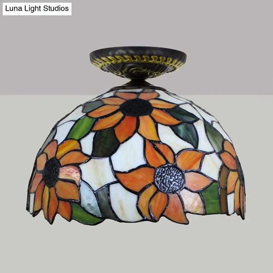 Sunflower Tiffany Stained Glass Ceiling Lamp - 1 Light Brass Flush Mount