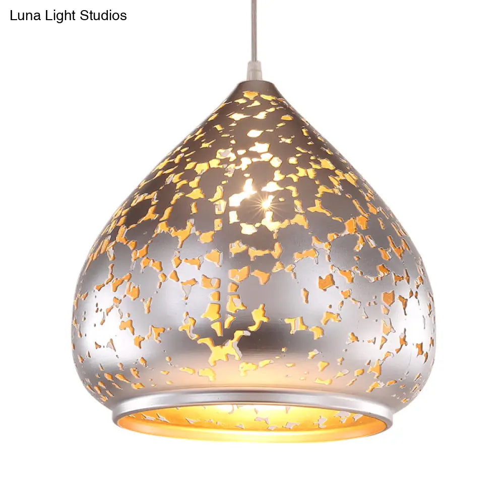 Suspended Carved Pendant Light - Arab Metal Fixture 1 Bulb Silver/Bronze/Brass Ideal For Bedroom