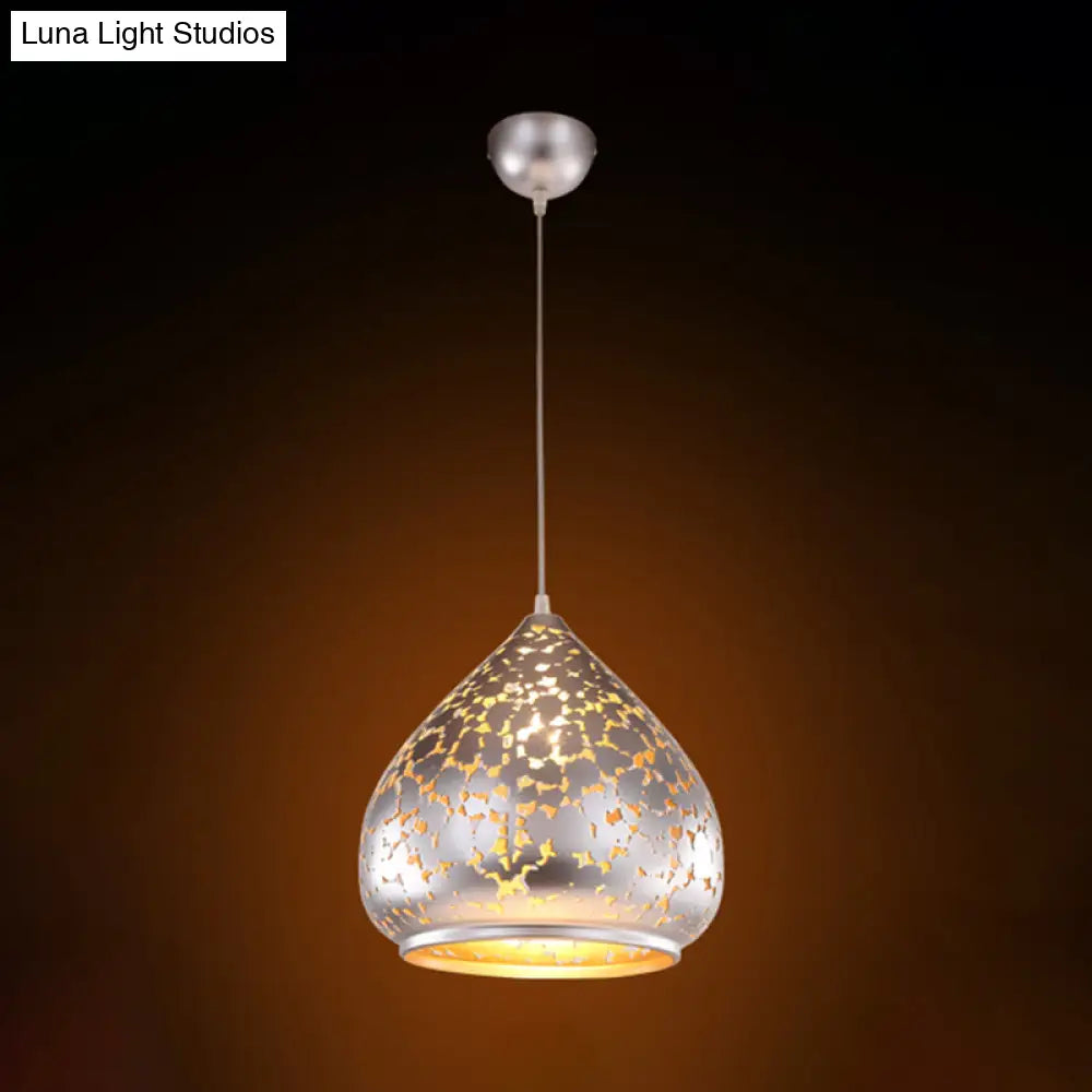 Suspended Carved Pendant Light - Arab Metal Fixture 1 Bulb Silver/Bronze/Brass Ideal For Bedroom