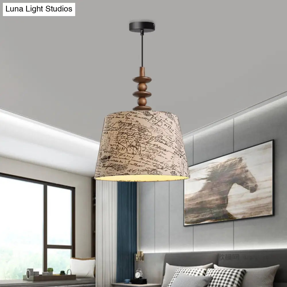 Suspended Countryside Fabric Pendant Light In White With Conical Script Print - Dining Room / C