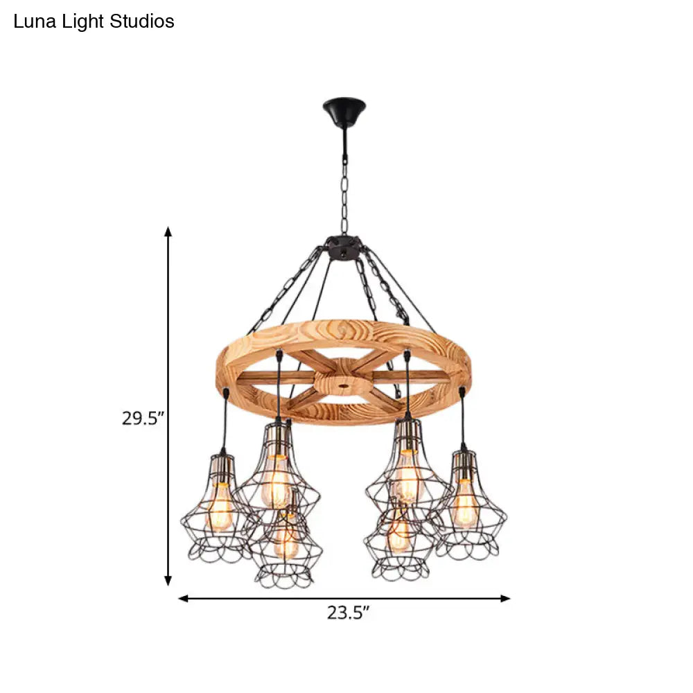 Wood Suspension Wagon Wheel Chandelier For Dining Hall - 6/8-Light Ceiling Fixture With Wire Cage