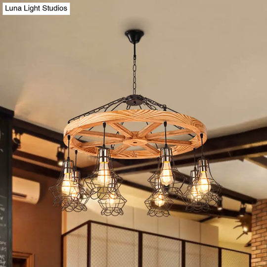 Wood Suspension Wagon Wheel Chandelier For Dining Hall - 6/8-Light Ceiling Fixture With Wire Cage 8