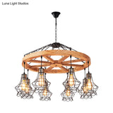 Suspension Wooden Wagon Wheel Chandelier - Rustic 6/8-Light Fixture With Wire Cage For Dining Hall