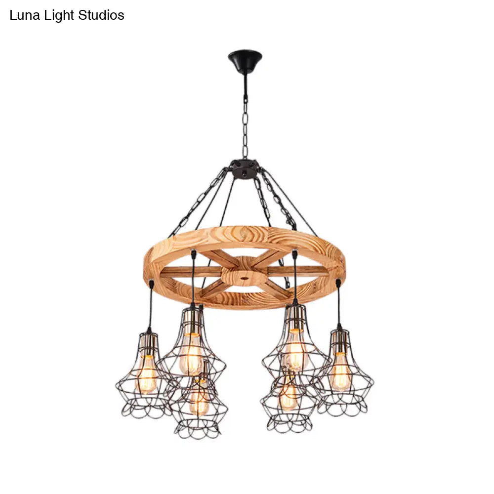Wood Suspension Wagon Wheel Chandelier For Dining Hall - 6/8-Light Ceiling Fixture With Wire Cage