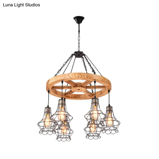 Wood Suspension Wagon Wheel Chandelier For Dining Hall - 6/8-Light Ceiling Fixture With Wire Cage