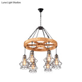 Suspension Wooden Wagon Wheel Chandelier - Rustic 6/8-Light Fixture With Wire Cage For Dining Hall