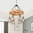 Suspension Wooden Wagon Wheel Chandelier - Rustic 6/8-Light Fixture With Wire Cage For Dining Hall