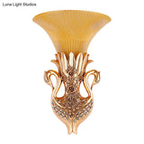 Swan Sconce Lamp: Farmhouse Resin Single Bulb Wall Lighting With Gold Finish And Fluted Glass Shade