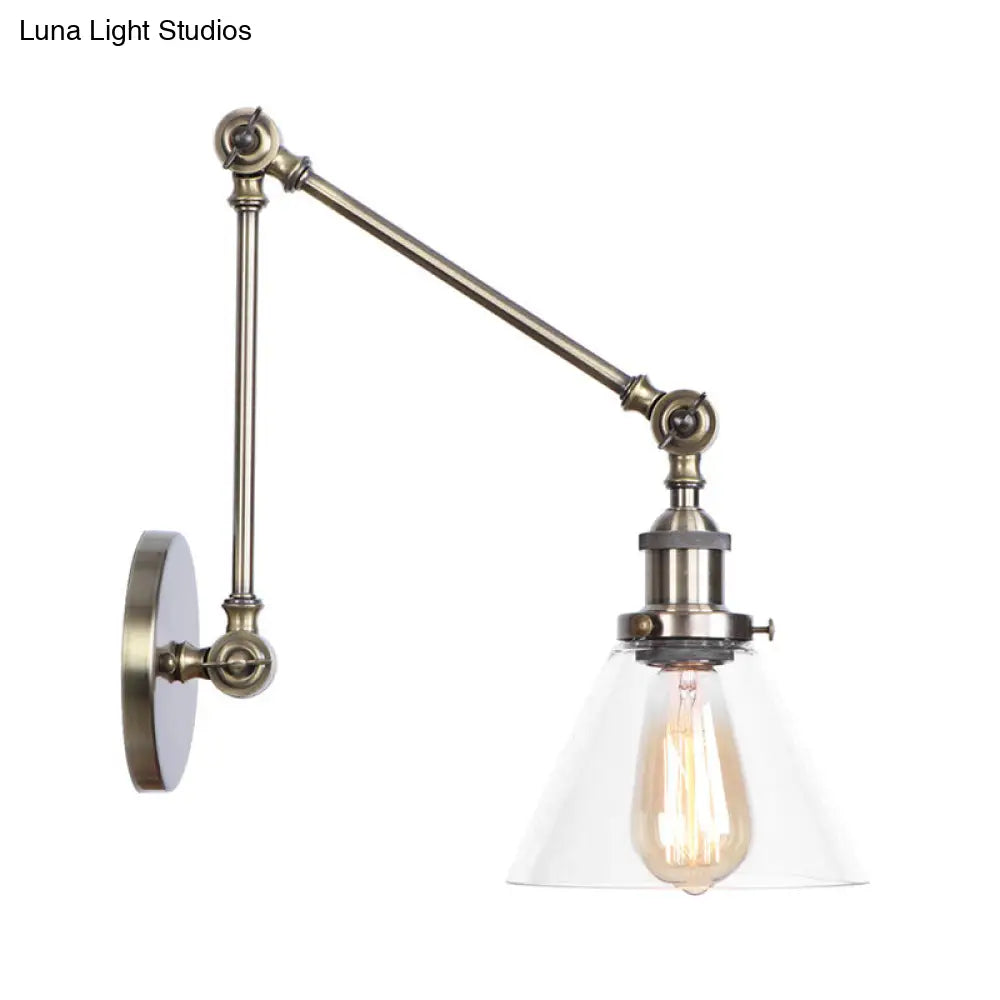 Swing Arm Clear Glass Wall Light Fixture With Brass/Bronze Finish - 1-Light Task Lamp Bell/Ball