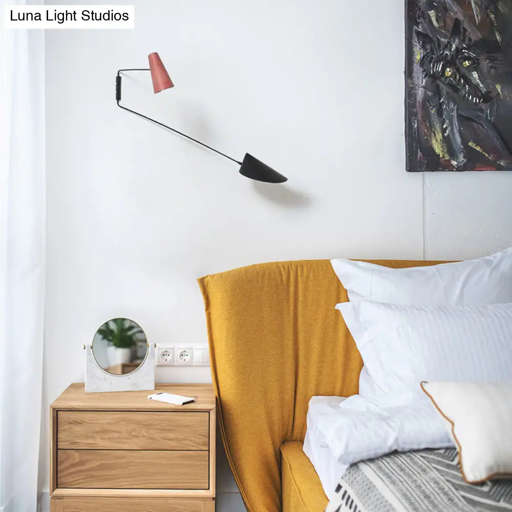 Swing Arm Wall Sconce 2-Light Bedroom Reading Light In Minimalist Style With Pink And Black Shade