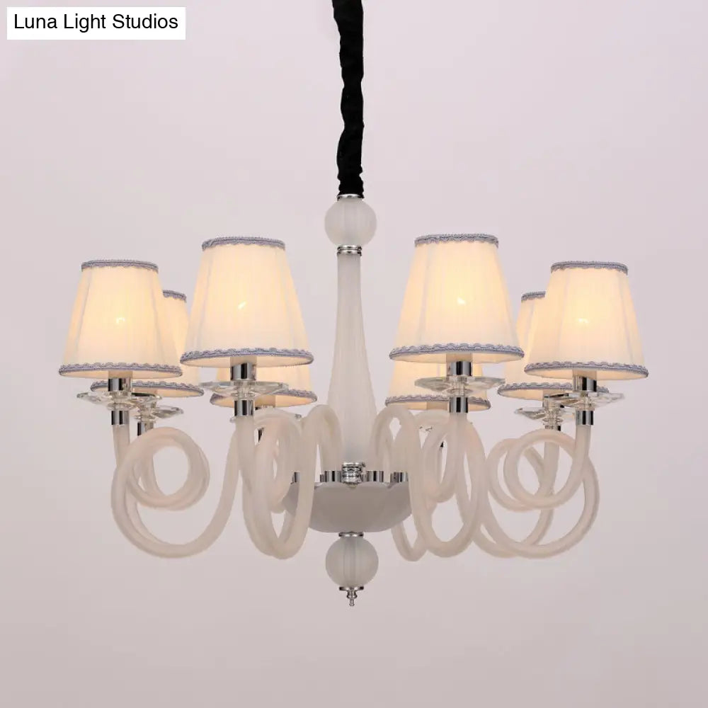 Swirled Arm Ceiling Chandelier - Vintage Design 12 Lights Glass Hanging Lamp With Cone Fabric Shade