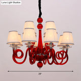 Swirled Arm Ceiling Chandelier - Vintage Design 12 Lights Glass Hanging Lamp With Cone Fabric Shade
