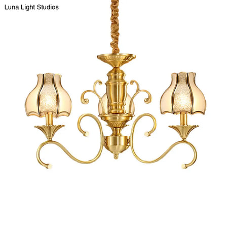 Swirled Arm Suspended Chandelier In Gold: Colonial Style With Frosted And Water Glass Shade (3/5/6