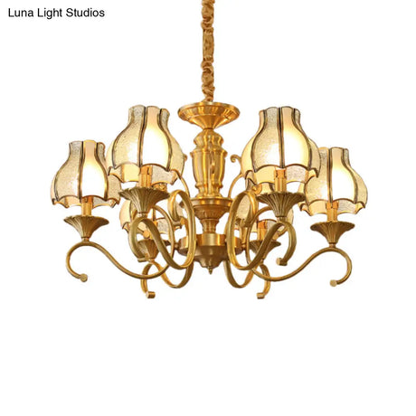 Swirled Arm Suspended Chandelier In Gold: Colonial Style With Frosted And Water Glass Shade (3/5/6