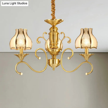 Swirled Arm Suspended Chandelier In Gold: Colonial Style With Frosted And Water Glass Shade (3/5/6