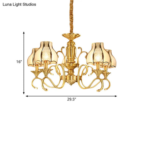 Swirled Arm Suspended Chandelier In Gold: Colonial Style With Frosted And Water Glass Shade (3/5/6