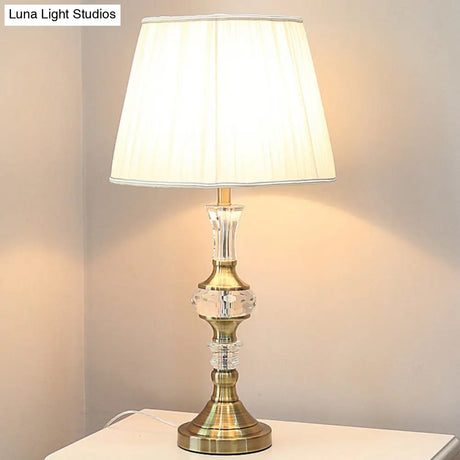 Tapered Drum Crystal Task Lamp In White Contemporary Fabric 1 Head Reading Light