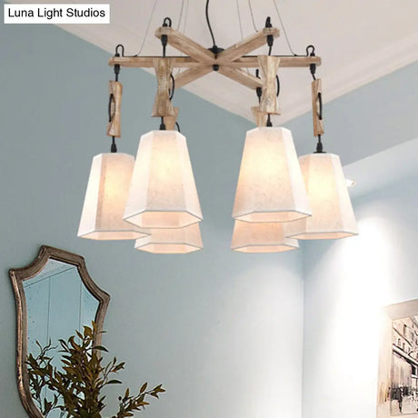 Tapered Fabric Chandelier With 6 Traditional Lights - Living Room Pendant In White/Black/Flaxen