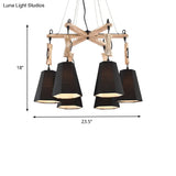 Tapered Fabric Chandelier With 6 Traditional Lights - Living Room Pendant In White/Black/Flaxen