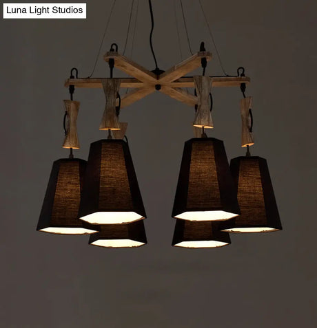 Tapered Fabric Chandelier With 6 Traditional Lights - Living Room Pendant In White/Black/Flaxen