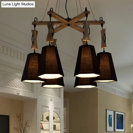 Tapered Fabric Chandelier With 6 Traditional Lights - Living Room Pendant In White/Black/Flaxen