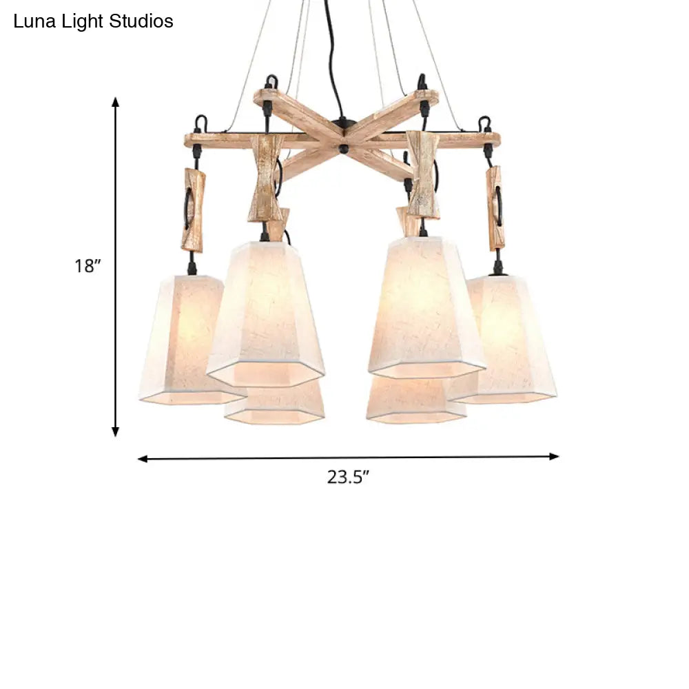 Tapered Fabric Chandelier With 6 Traditional Lights - Living Room Pendant In White/Black/Flaxen