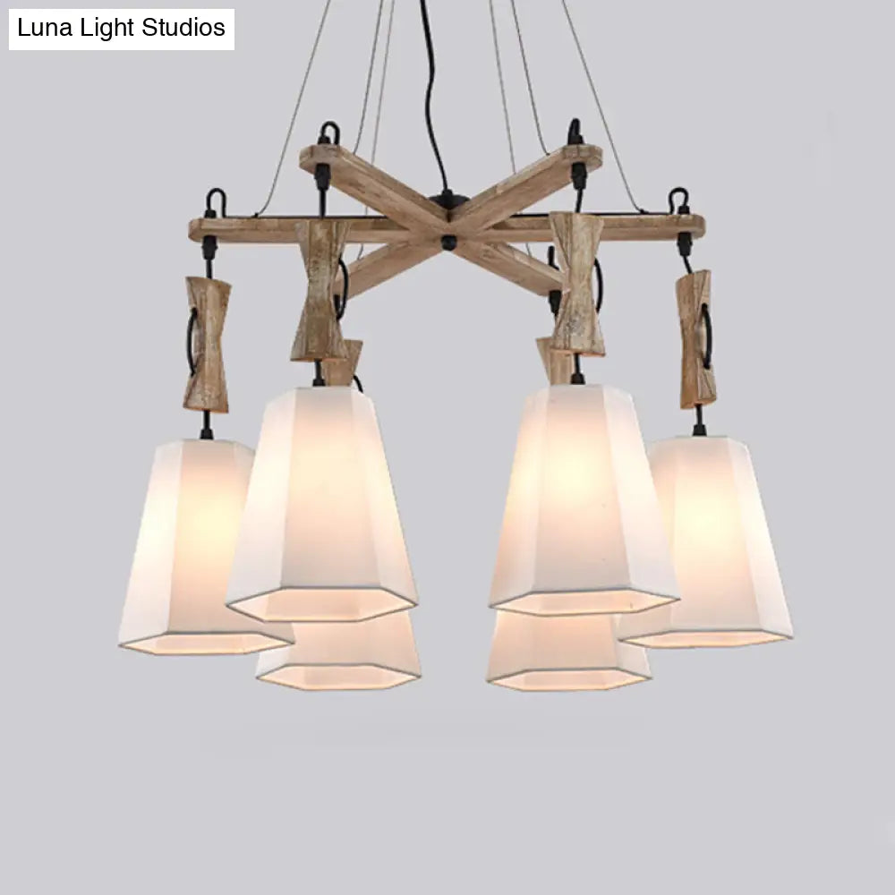 Tapered Fabric Chandelier With 6 Traditional Lights - Living Room Pendant In White/Black/Flaxen