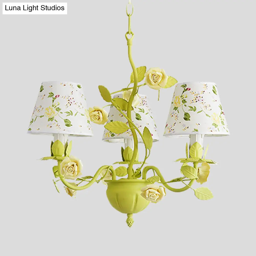 Tapered Green Pendant Chandelier With Traditional Metal Heads And Rose Decoration