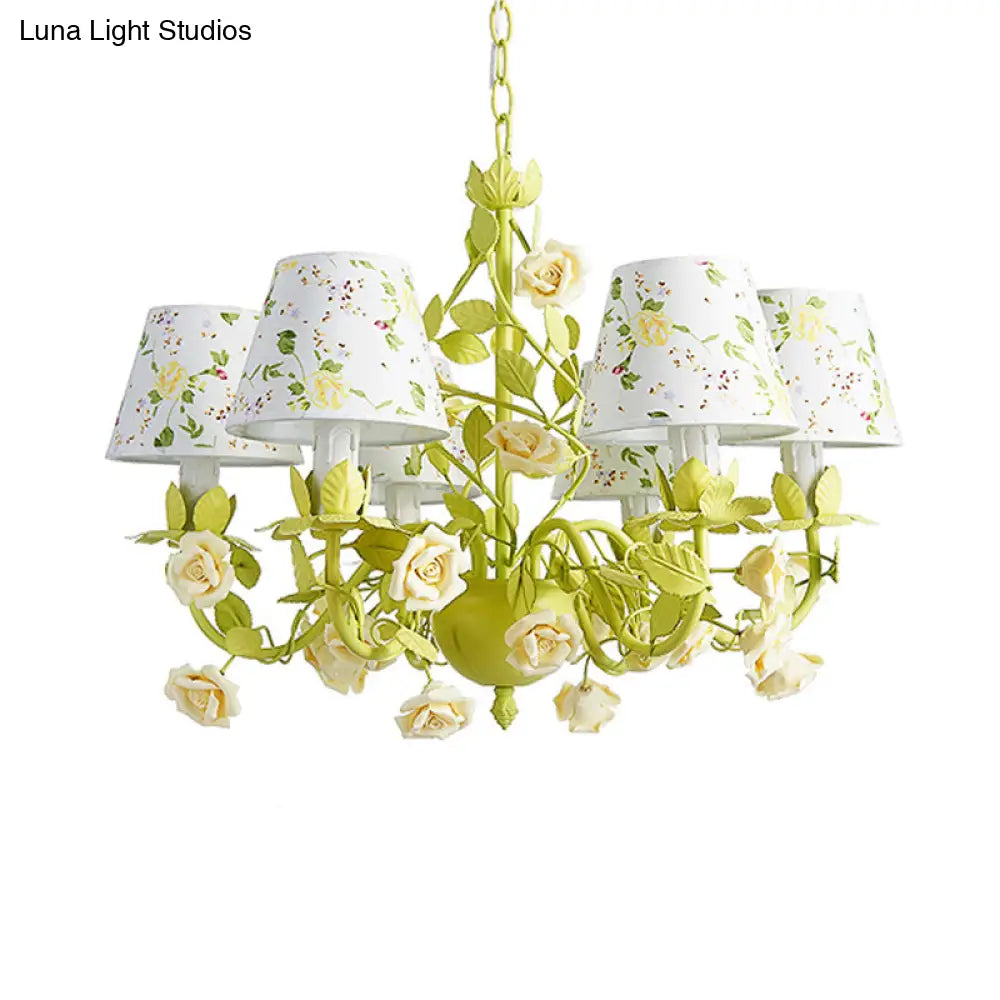Tapered Green Pendant Chandelier With Traditional Metal Heads And Rose Decoration