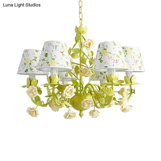 Tapered Green Pendant Chandelier With Traditional Metal Heads And Rose Decoration