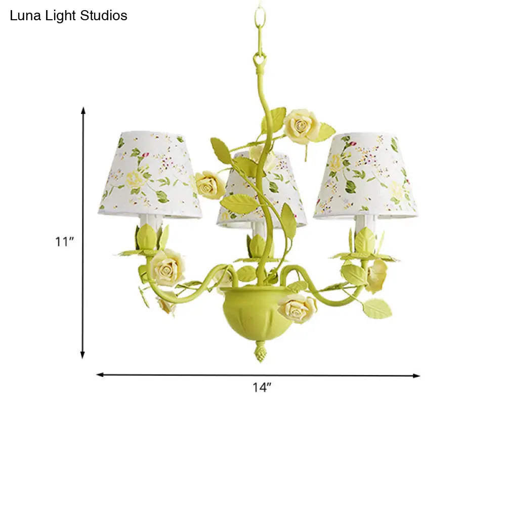 Tapered Green Pendant Chandelier With Traditional Metal Heads And Rose Decoration