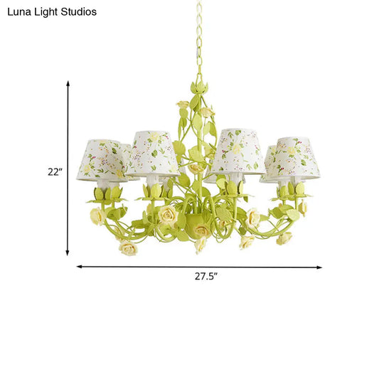 Tapered Green Pendant Chandelier With Traditional Metal Heads And Rose Decoration