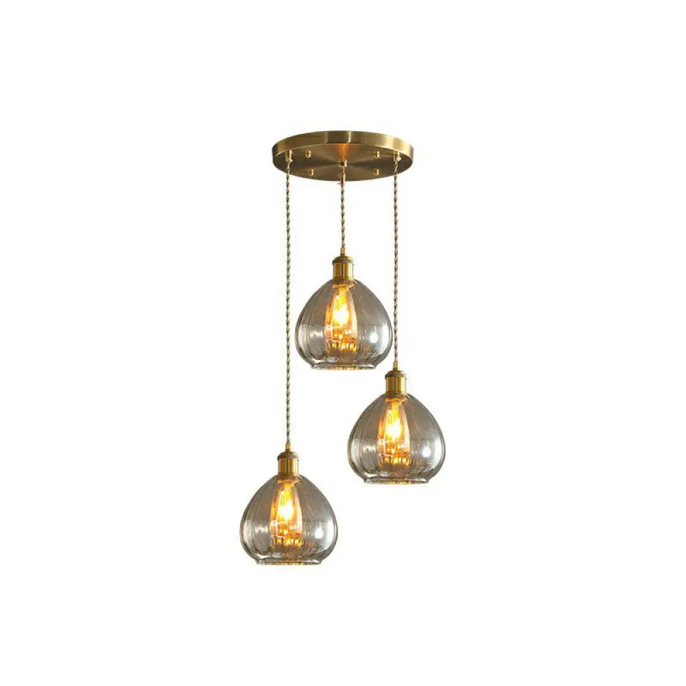 Teardrop Glass Cluster Pendant - Post-Modern Brass Finish 3-Light Hanging Lamp Amber / Round