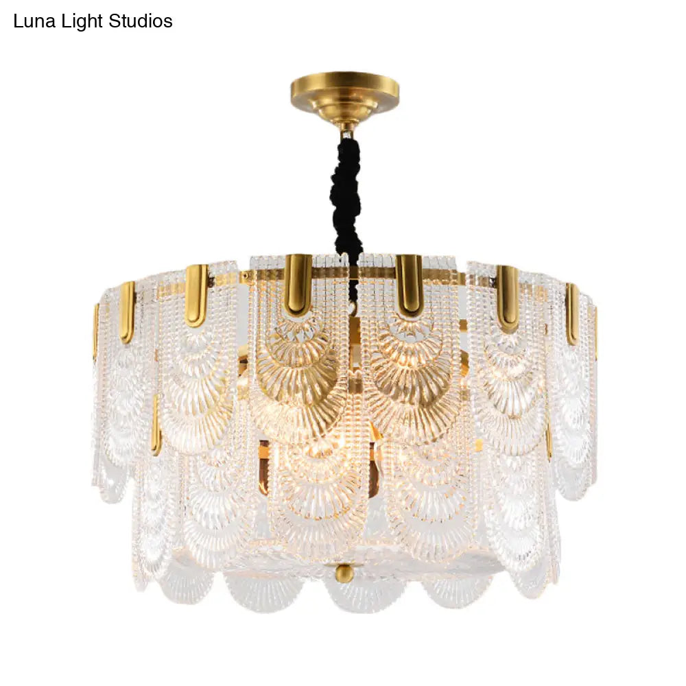 Textured Glass Layered Ceiling Light - Modern Brass Chandelier With 3/8 Lights