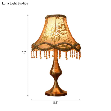 Thérèse - Vintage Brass 1 Head Night Stand Lamp Floral Print Fabric Flared Table Light With