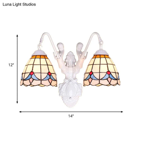 Tiffany 2-Head White Wall Sconce Light With Stained Glass And Mermaid Decoration