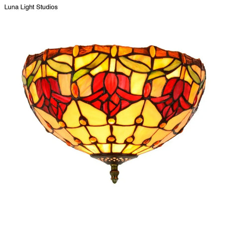 Tiffany 2-Light Stained Glass Floral Ceiling Fixture – Brass Flush Mount For Bedroom